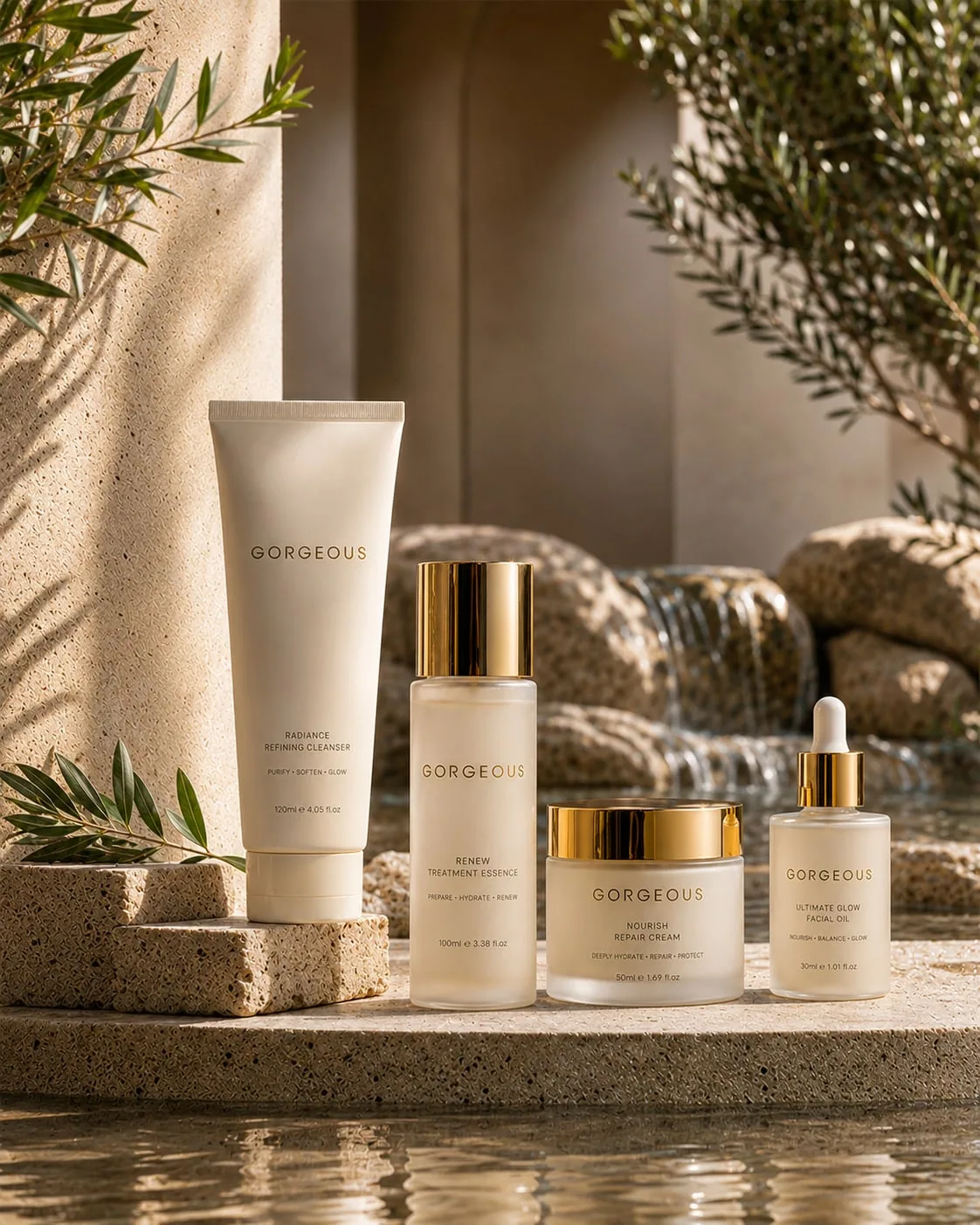 Gorgeous skincare in warm cream and gold packaging